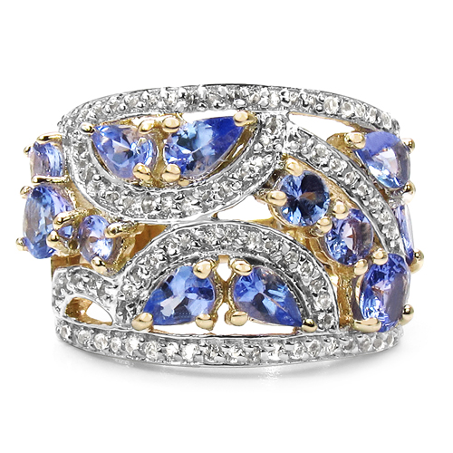 14K Yellow Gold Plated 3.05 Carat Genuine Tanzanite & White Topaz .925 Sterling Silver Ring