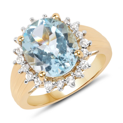 Rings-14K Yellow Gold Plated 5.87 Carat Genuine Blue Topaz and White Topaz .925 Sterling Silver Ring