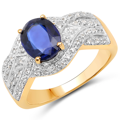 Rings-14K Yellow Gold Plated 2.56 Carat Genuine Kyanite and White Topaz .925 Sterling Silver Ring
