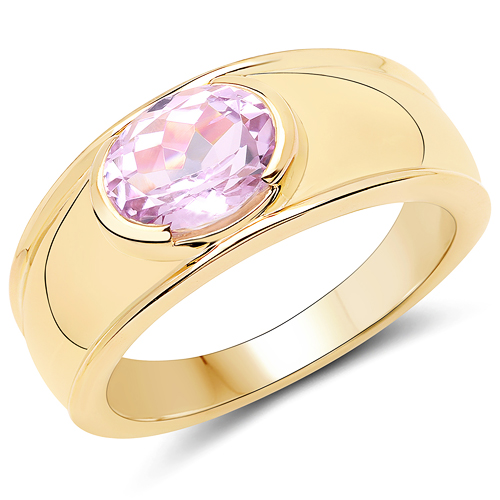 Rings-14K Yellow Gold Plated 2.40 Carat Genuine Kunzite .925 Sterling Silver Ring