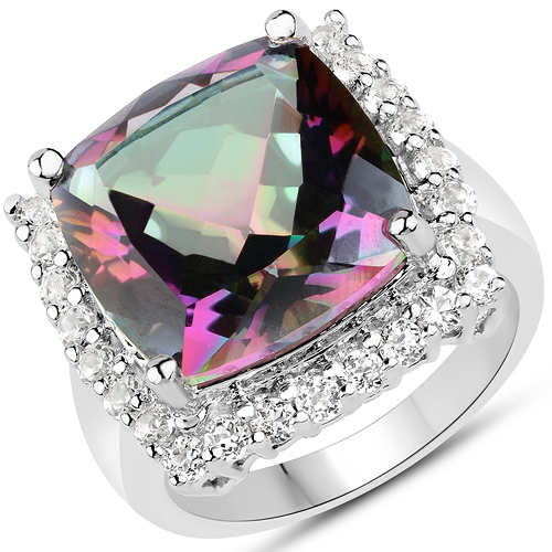 Rings-11.09 Carat Genuine Rainbow Quartz and White Topaz .925 Sterling Silver Ring