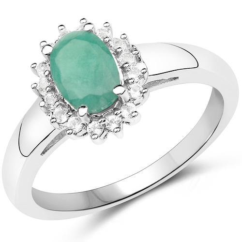 Emerald-0.89 Carat Genuine Emerald and White Topaz .925 Sterling Silver Ring