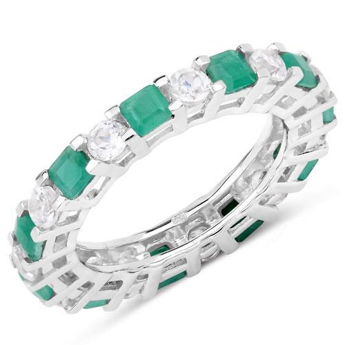 Emerald-2.86 Carat Genuine Emerald and White Topaz .925 Sterling Silver Ring
