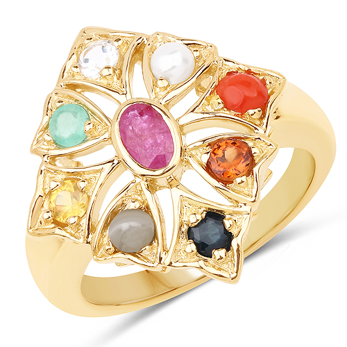 Ruby-14K Yellow Gold Plated 1.26 Carat Genuine Multi Stone .925 Sterling Silver Ring