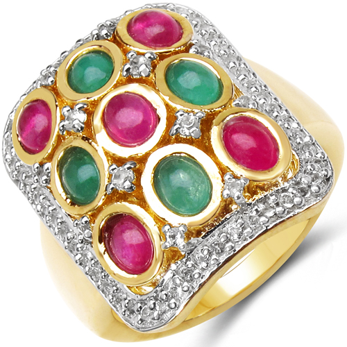 Emerald-14K Yellow Gold Plated 2.79 Carat Genuine Emerald, Ruby & White Topaz .925 Sterling Silver Ring