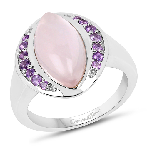 Rings-3.57 Carat Genuine Rose Quartz And Amethyst .925 Sterling Silver Ring