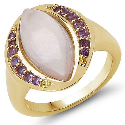 Rings-14K Yellow Gold Plated 4.28 Carat Genuine Rose Quartz & Amethyst .925 Sterling Silver Ring