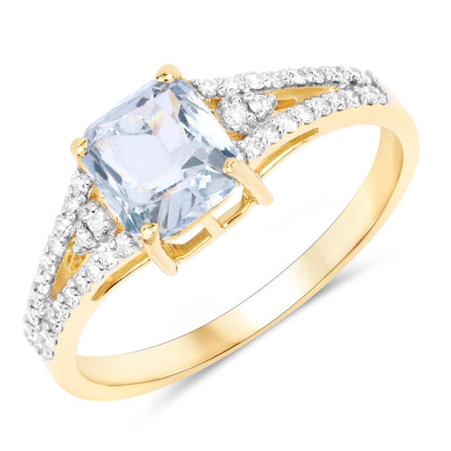 Sapphire-1.62 Carat Genuine Greenish Blue Sapphire and White Diamond 14K Yellow Gold Ring