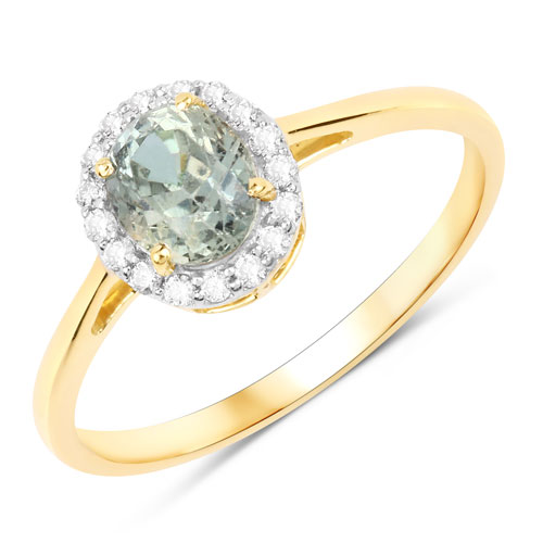 Sapphire-1.29 Carat Genuine Green Sapphire and White Diamond 14K Yellow Gold Ring