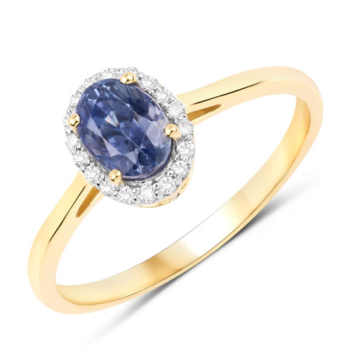 Sapphire-1.15 Carat Genuine Blue Sapphire and White Diamond 14K Yellow Gold Ring