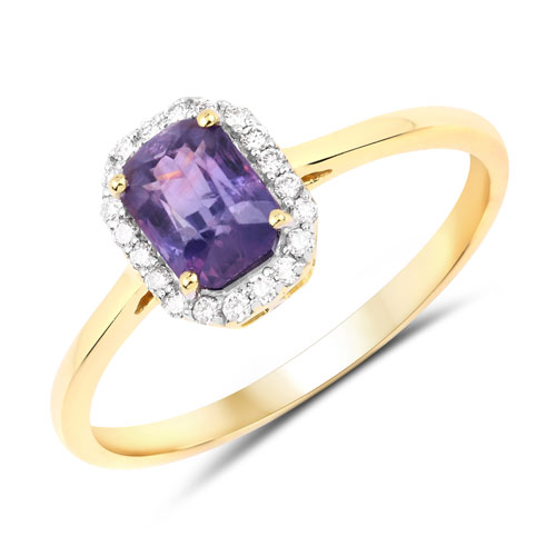 Sapphire-1.11 Carat Genuine Purple Blue Sapphire and White Diamond 14K Yellow Gold Ring