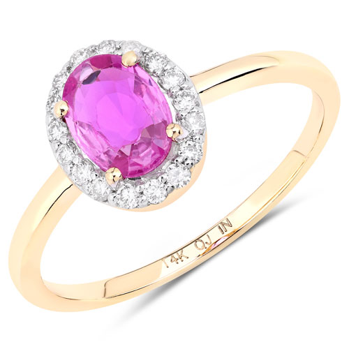 Sapphire-0.94 Carat Genuine Pink Sapphire and White Diamond 14K Yellow Gold Ring