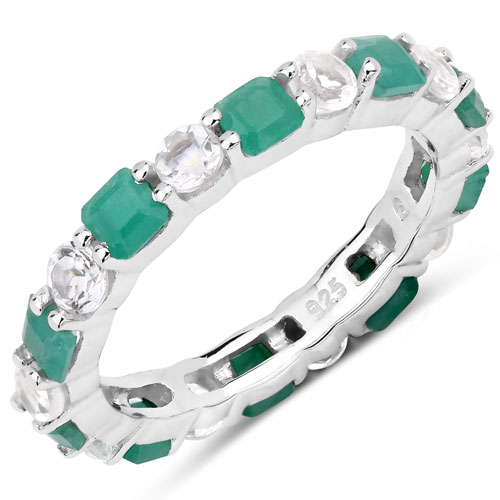 Emerald-2.90 Carat Genuine Emerald and White Topaz .925 Sterling Silver Ring