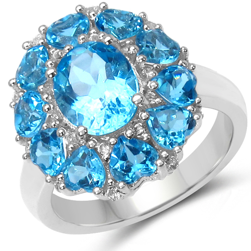 Rings-6.20 Carat Genuine Blue Topaz & White Topaz .925 Sterling Silver Ring