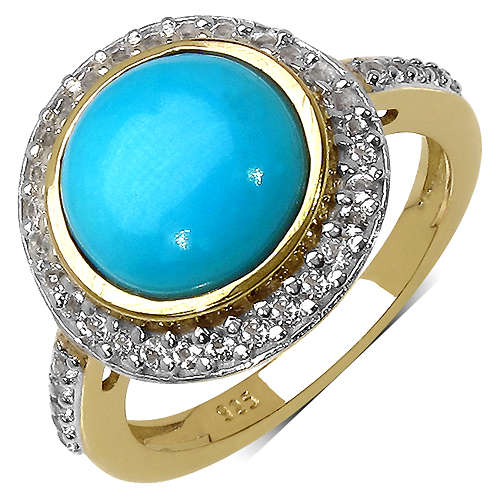 14K Yellow Gold Plated 3.42 Carat Genuine Turquoise & White Topaz .925 Sterling Silver Ring