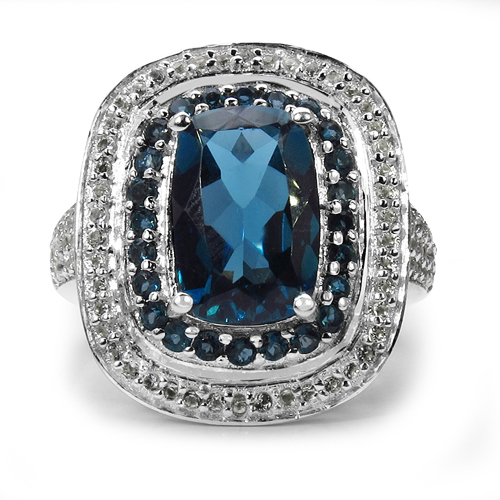 5.25 Carat Genuine London Blue Topaz and White Topaz .925 Sterling Silver Ring