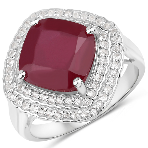 Ruby-5.86 Carat Glass Filled Ruby and White Topaz .925 Sterling Silver Ring