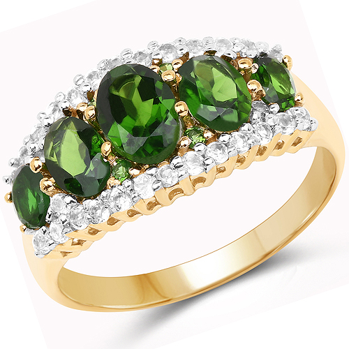Rings-18K Yellow Gold Plated 2.70 Carat Genuine Chrome Diopside and White Topaz .925 Sterling Silver Ring
