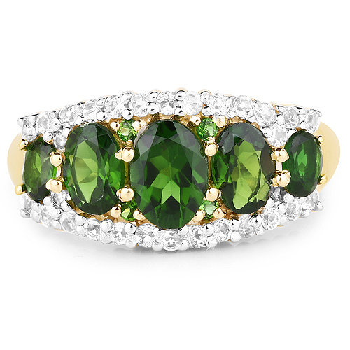18K Yellow Gold Plated 2.70 Carat Genuine Chrome Diopside and White Topaz .925 Sterling Silver Ring
