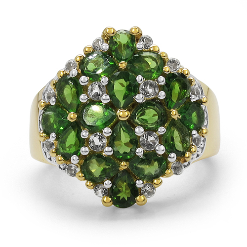 18K Yellow Gold Plated 2.80 Carat Genuine Chrome Diopside & White Topaz .925 Sterling Silver Ring