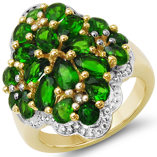 Rings-14K Yellow Gold Plated 3.49 Carat Genuine Chrome Diopside & White Topaz .925 Sterling Silver Ring