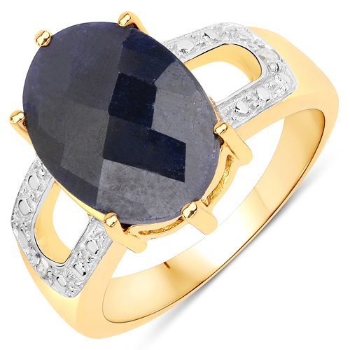 Sapphire-14K Yellow Gold Plated 8.03 Carat Dyed Sapphire and White Diamond .925 Sterling Silver Ring
