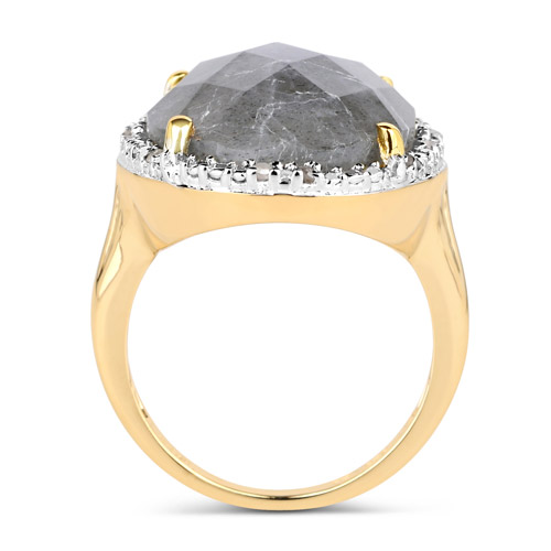 14K Yellow Gold Plated 12.10 Carat Genuine Labradorite and White Diamond .925 Sterling Silver Ring