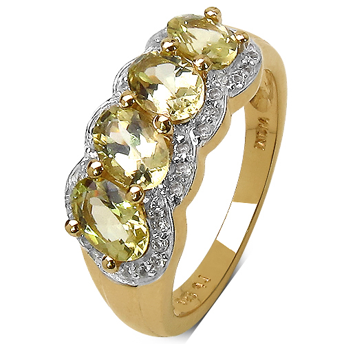 14K Yellow Gold Plated 1.78 Carat Genuine Yellow Beryl & White Topaz .925 Sterling Silver Ring