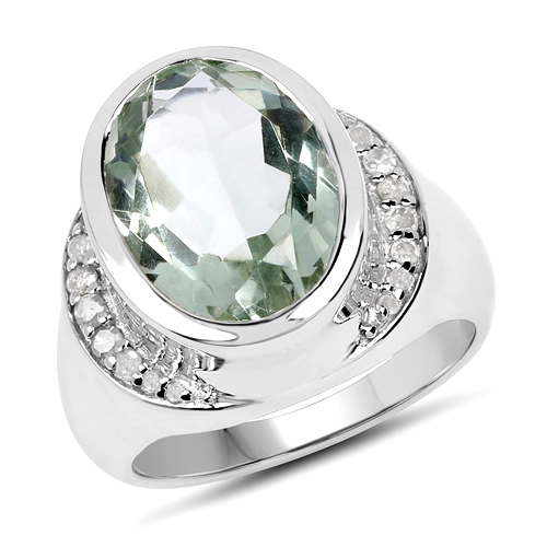 Amethyst-5.38 Carat Genuine Green Amethyst and White Diamond .925 Sterling Silver Ring