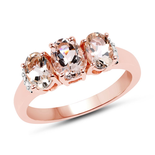 Rings-14K Rose Gold Plated 1.61 Carat Genuine Morganite and White Diamond .925 Sterling Silver Ring
