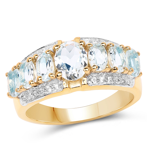 Rings-14K Yellow Gold Plated 2.02 Carat Genuine Aquamarine and White Topaz .925 Sterling Silver Ring