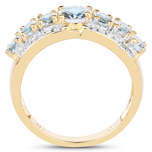 14K Yellow Gold Plated 2.02 Carat Genuine Aquamarine and White Topaz .925 Sterling Silver Ring
