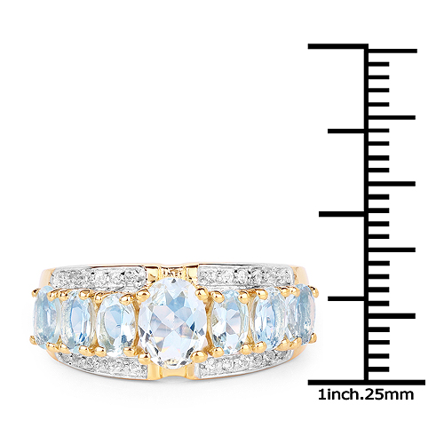 14K Yellow Gold Plated 2.02 Carat Genuine Aquamarine and White Topaz .925 Sterling Silver Ring