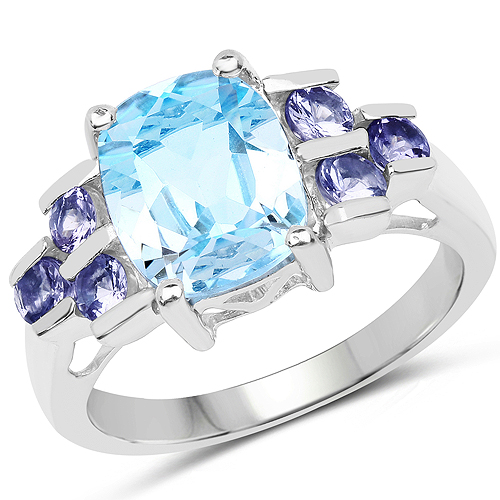 Rings-4.10 Carat Genuine Blue Topaz and Tanzanite .925 Sterling Silver Ring