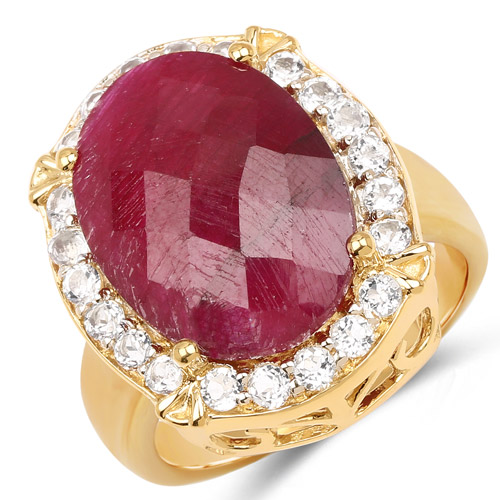 Ruby-18K Yellow Gold Plated 11.68 Carat Dyed Ruby and White Topaz .925 Sterling Silver Ring