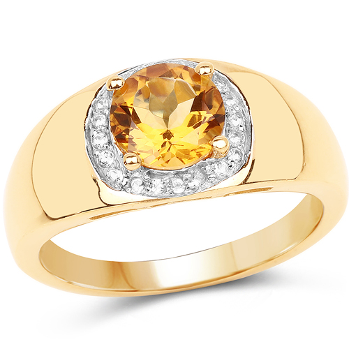18K Yellow Gold Plated 1.30 Carat Genuine Citrine & White Topaz .925 Sterling Silver Ring