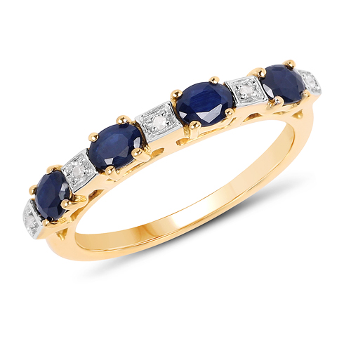 14K Yellow Gold Plated 0.91 Carat Genuine Blue Sapphire & White Diamond .925 Sterling Silver Ring