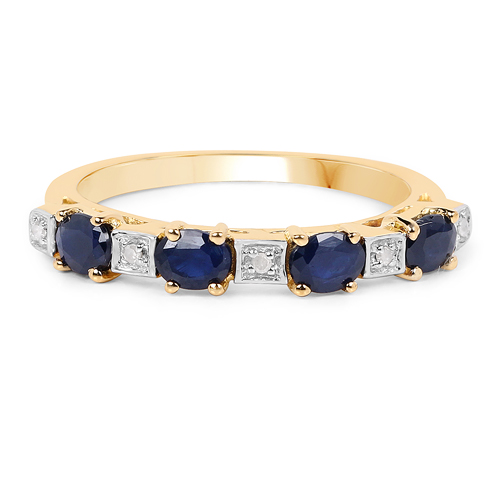 14K Yellow Gold Plated 0.91 Carat Genuine Blue Sapphire & White Diamond .925 Sterling Silver Ring