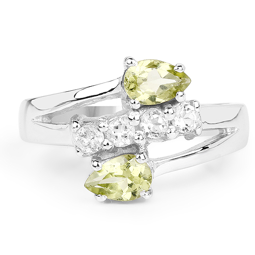 1.12 Carat Genuine Peridot and White Topaz .925 Sterling Silver Ring