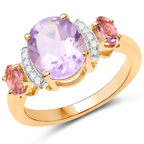 Rings-14K Yellow Gold Plated 2.56 Carat Genuine Pink Amethyst, Pink Tourmaline and White Topaz .925 Sterling Silver Ring