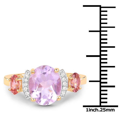 14K Yellow Gold Plated 2.56 Carat Genuine Pink Amethyst, Pink Tourmaline and White Topaz .925 Sterling Silver Ring