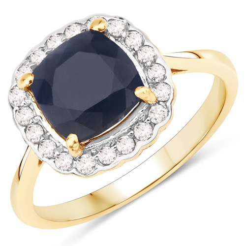 Sapphire-2.46 Carat Genuine Blue Sapphire and White Diamond 14K Yellow Gold Ring