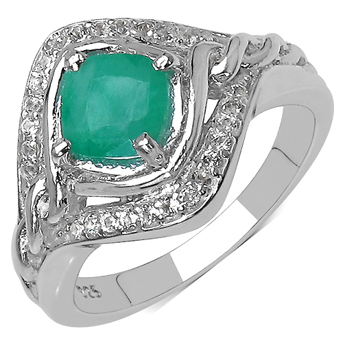Emerald-1.14 Carat Genuine Emerald & White Topaz .925 Sterling Silver Ring