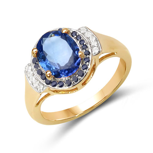 Tanzanite-2.22 Carat Genuine Tanzanite, Blue Sapphire & White Diamond 10K Yellow Gold Ring