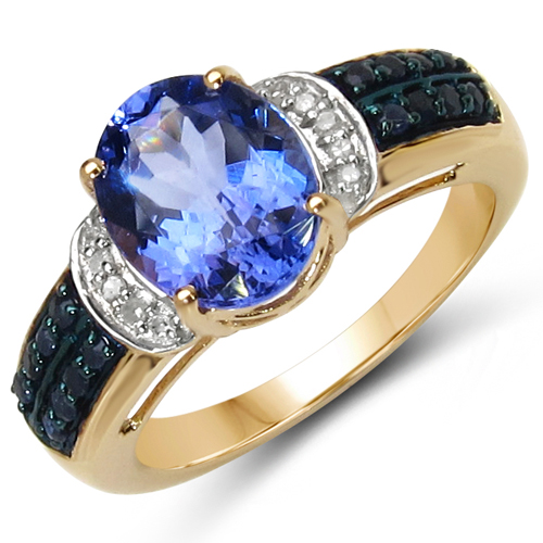 Tanzanite-2.98 Carat Genuine Tanzanite, Blue Sapphire & White Diamond 10K Yellow Gold Ring