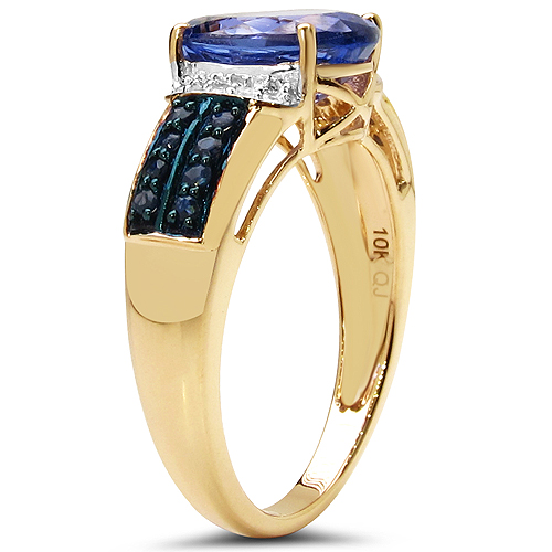 2.98 Carat Genuine Tanzanite, Blue Sapphire & White Diamond 10K Yellow Gold Ring