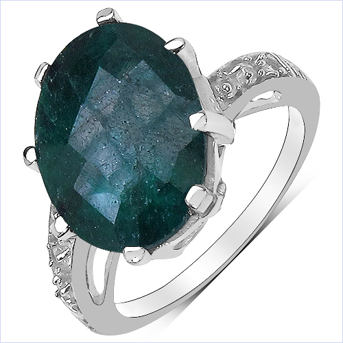 Emerald-7.43 Carat Dyed Emerald and White Topaz .925 Sterling Silver Ring