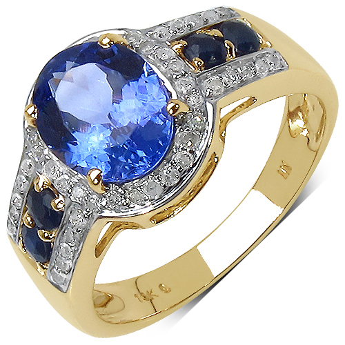 Tanzanite-2.46 Carat Tanzanite, Blue Sapphire & White Diamond 10K Yellow Gold Ring