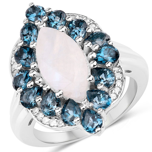 Rings-4.68 Carat Genuine White Rainbow Moonstone, London Blue Topaz & White Topaz .925 Sterling Silver Ring