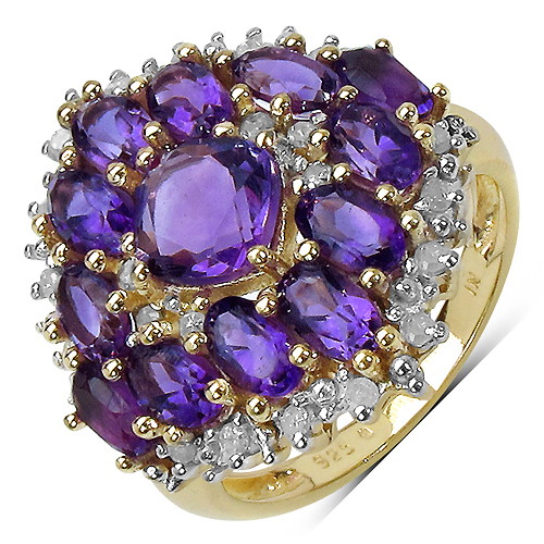 Amethyst-14K Gold Plated 4.06 Carat Genuine Amethyst and 0.24 ct.t.w Genuine Diamond Accents Sterling Silver Ring
